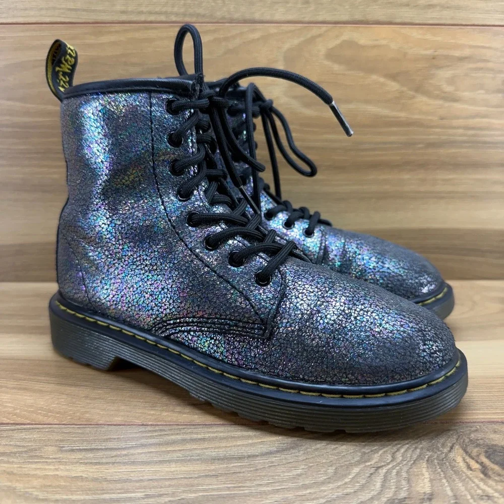 Dr Martens Combat Boots Girls Size 2 Metallic Pewter Leather Lace‎ Up